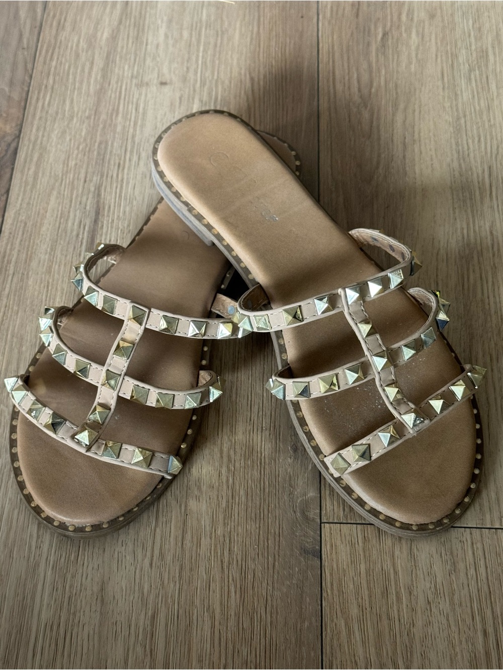 Nude Studded Strappy Flat Sandals Gold Pyramid Studs